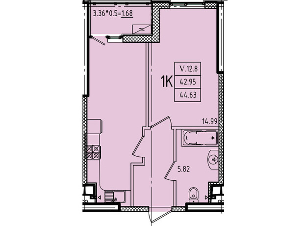 ЖК Еллада: планування 1-кімнатної квартири 44.63 м²