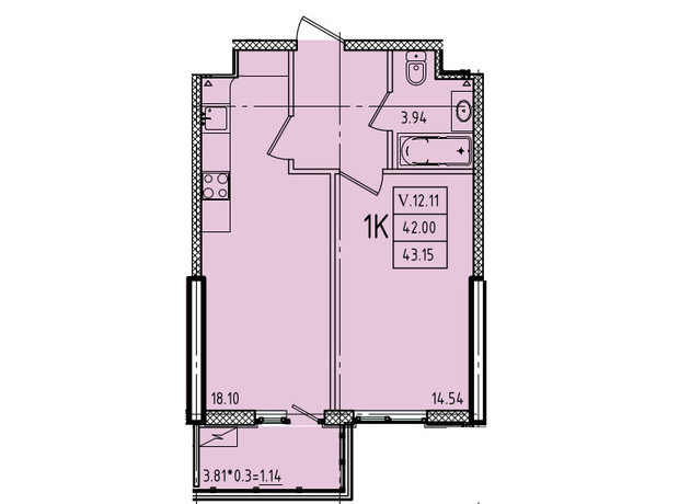 ЖК Еллада: планування 1-кімнатної квартири 43.15 м²