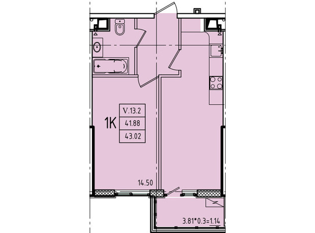 ЖК Еллада: планування 1-кімнатної квартири 43.02 м²