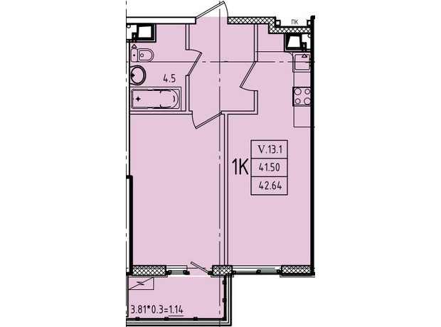 ЖК Еллада: планування 1-кімнатної квартири 42.64 м²