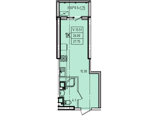 ЖК Эллада: планировка 1-комнатной квартиры 27.75 м²