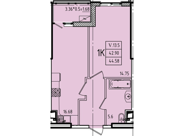 ЖК Еллада: планування 1-кімнатної квартири 44.58 м²