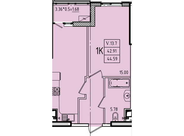 ЖК Еллада: планування 1-кімнатної квартири 44.59 м²