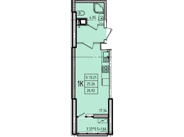 ЖК Эллада: планировка 1-комнатной квартиры 28.95 м²