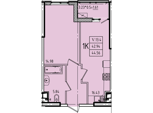 ЖК Еллада: планування 1-кімнатної квартири 44.56 м²