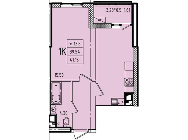 ЖК Еллада: планування 1-кімнатної квартири 41.15 м²