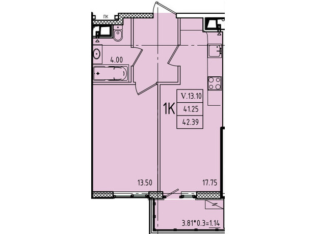 ЖК Еллада: планування 1-кімнатної квартири 42.39 м²