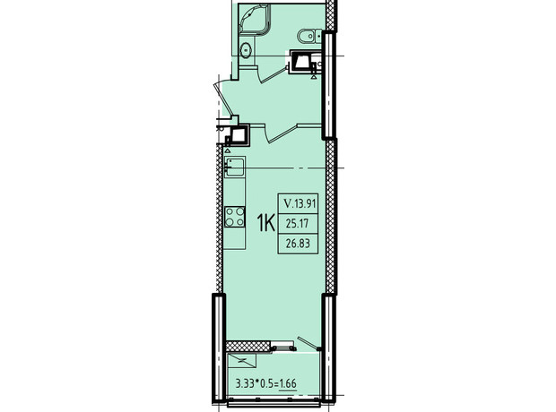 ЖК Еллада: планування 1-кімнатної квартири 28.9 м²