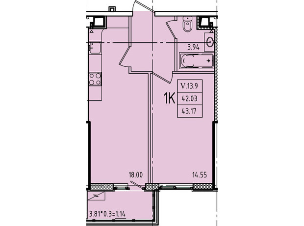 ЖК Еллада: планування 1-кімнатної квартири 43.17 м²