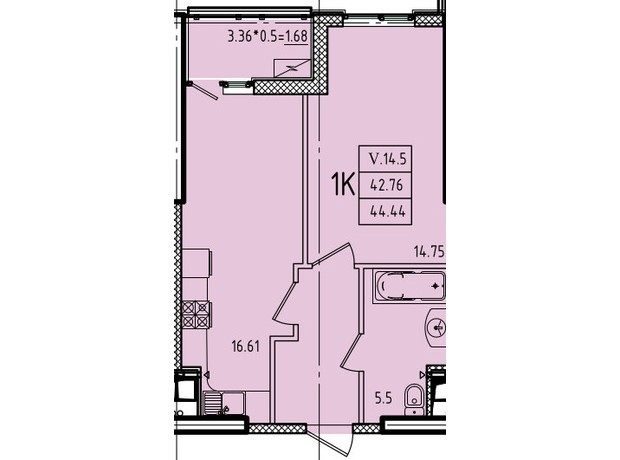 ЖК Еллада: планування 1-кімнатної квартири 44.44 м²