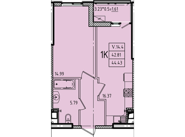 ЖК Еллада: планування 1-кімнатної квартири 44.43 м²