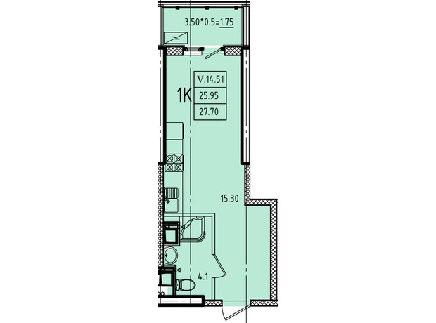 ЖК Еллада: планування 1-кімнатної квартири 27.7 м²