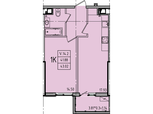 ЖК Еллада: планування 1-кімнатної квартири 43.02 м²