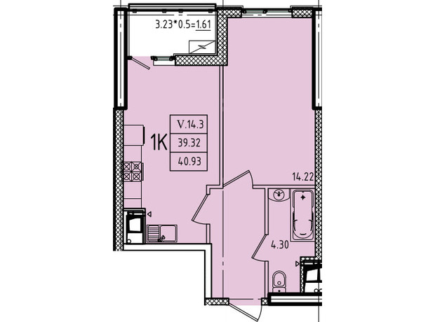 ЖК Еллада: планування 1-кімнатної квартири 40.93 м²