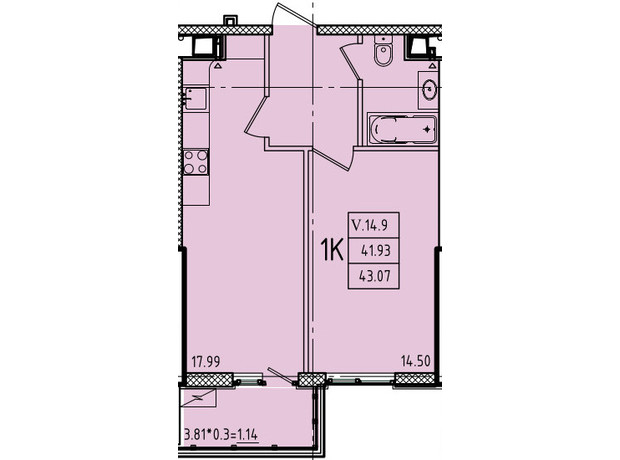 ЖК Еллада: планування 1-кімнатної квартири 43.07 м²