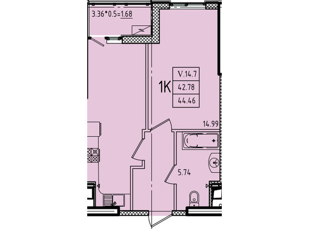 ЖК Еллада: планування 1-кімнатної квартири 44.46 м²