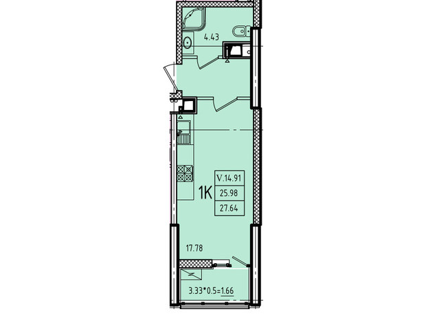 ЖК Эллада: планировка 1-комнатной квартиры 29.7 м²