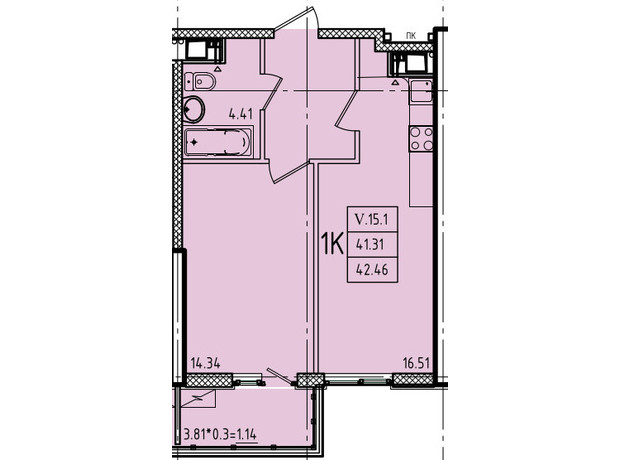 ЖК Эллада: планировка 1-комнатной квартиры 42.46 м²