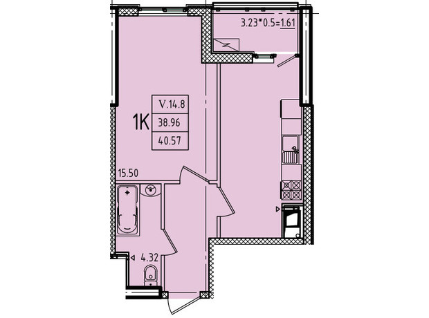 ЖК Еллада: планування 1-кімнатної квартири 40.57 м²