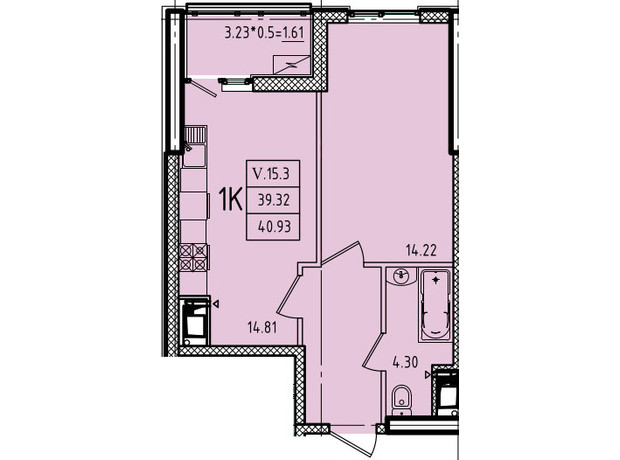 ЖК Еллада: планування 1-кімнатної квартири 40.93 м²