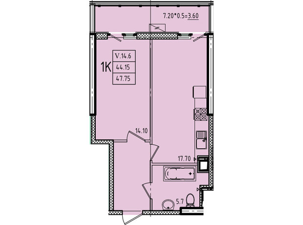 ЖК Еллада: планування 1-кімнатної квартири 47.75 м²