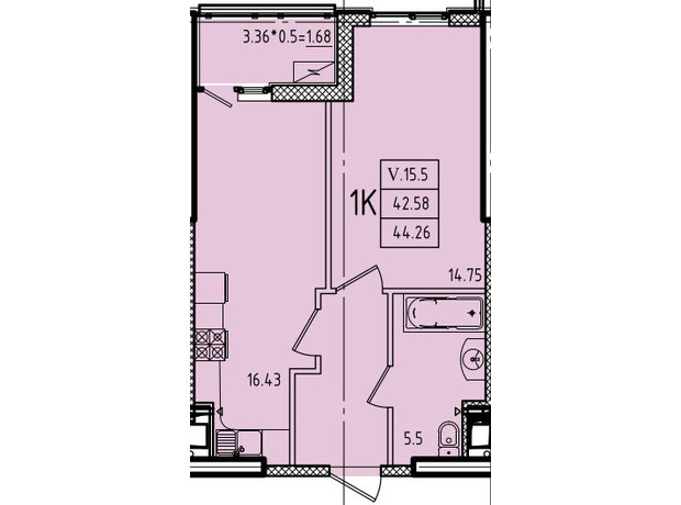 ЖК Еллада: планування 1-кімнатної квартири 44.26 м²