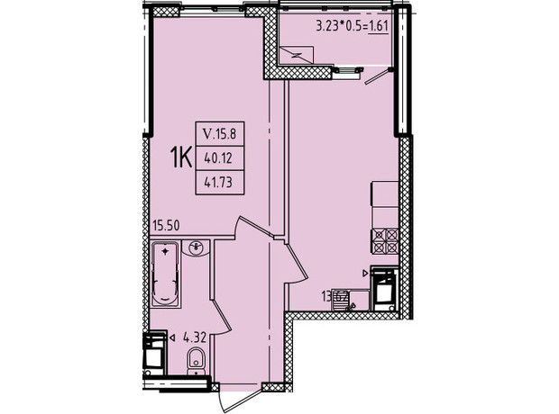 ЖК Эллада: планировка 1-комнатной квартиры 41.73 м²
