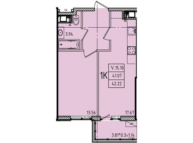 ЖК Еллада: планування 1-кімнатної квартири 42.22 м²