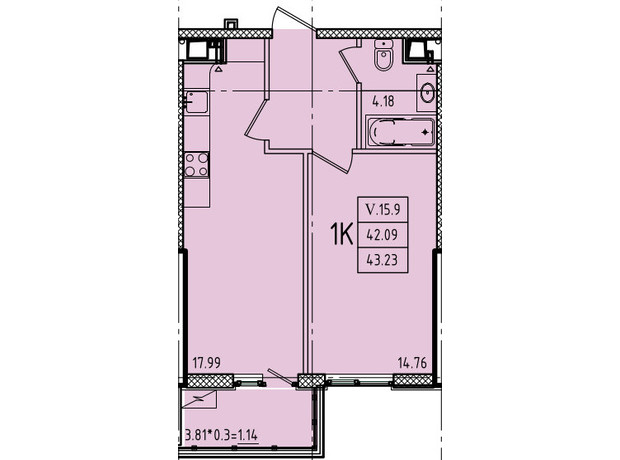 ЖК Еллада: планування 1-кімнатної квартири 43.23 м²