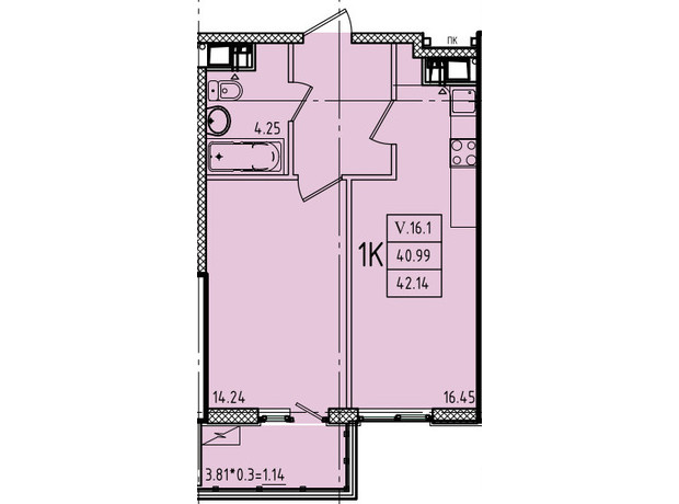 ЖК Эллада: планировка 1-комнатной квартиры 42.14 м²