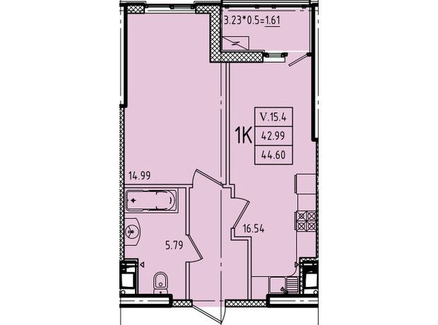ЖК Еллада: планування 1-кімнатної квартири 44.6 м²