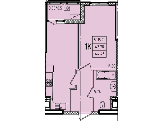 ЖК Еллада: планування 1-кімнатної квартири 44.46 м²