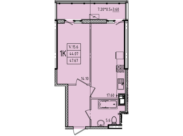 ЖК Еллада: планування 1-кімнатної квартири 47.67 м²