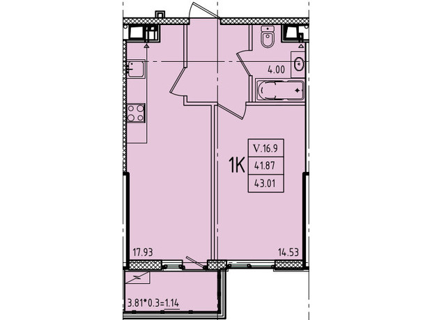 ЖК Еллада: планування 1-кімнатної квартири 43.01 м²