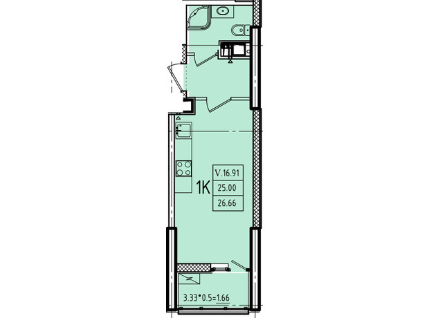 ЖК Эллада: планировка 1-комнатной квартиры 28.73 м²