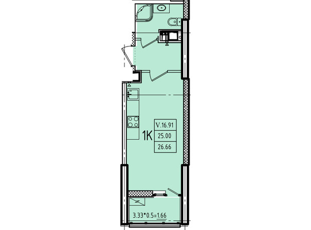 ЖК Еллада: планування 1-кімнатної квартири 28.73 м²