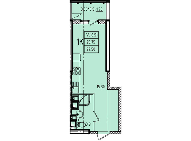 ЖК Эллада: планировка 1-комнатной квартиры 27.5 м²