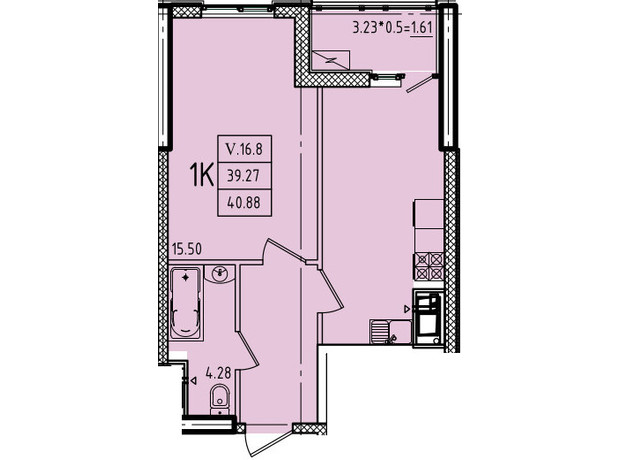 ЖК Еллада: планування 1-кімнатної квартири 40.88 м²