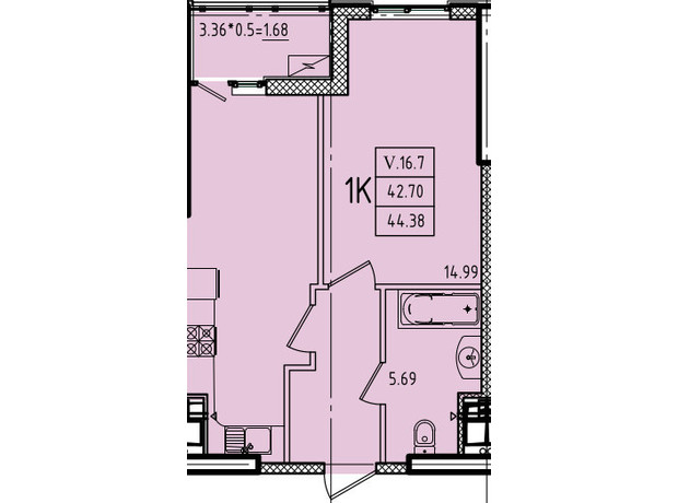 ЖК Еллада: планування 1-кімнатної квартири 44.38 м²