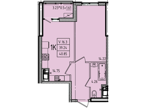 ЖК Еллада: планування 1-кімнатної квартири 40.85 м²