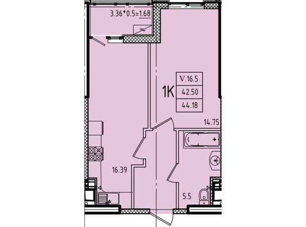 ЖК Эллада: планировка 1-комнатной квартиры 44.18 м²