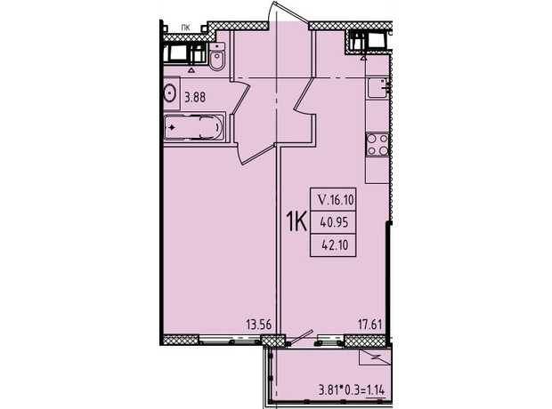 ЖК Эллада: планировка 1-комнатной квартиры 42.1 м²