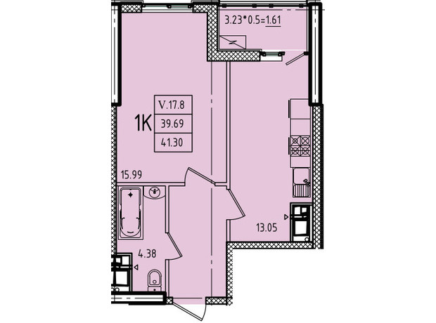 ЖК Эллада: планировка 1-комнатной квартиры 41.3 м²