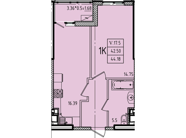 ЖК Эллада: планировка 1-комнатной квартиры 44.18 м²