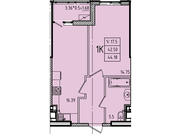 ЖК Еллада: планування 1-кімнатної квартири 44.18 м²