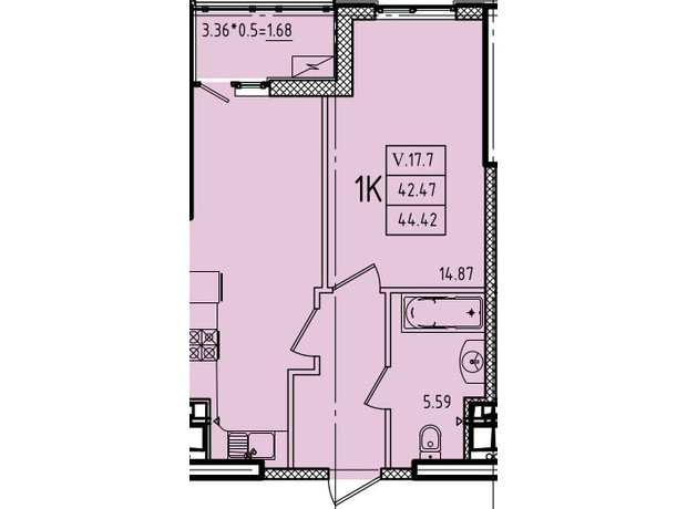 ЖК Еллада: планування 1-кімнатної квартири 44.42 м²