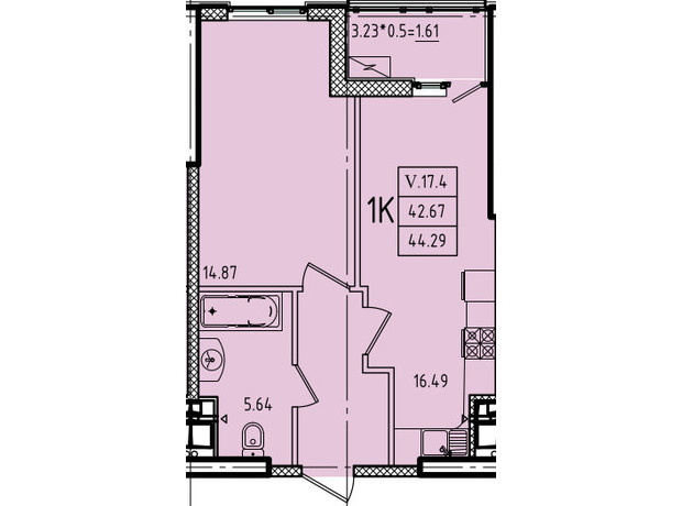 ЖК Еллада: планування 1-кімнатної квартири 44.29 м²