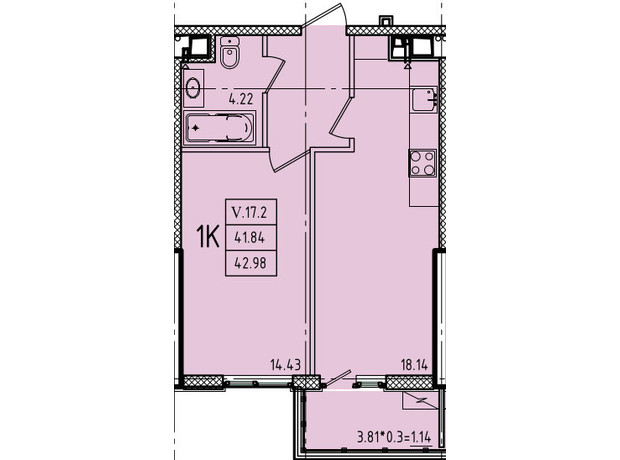 ЖК Эллада: планировка 1-комнатной квартиры 42.98 м²