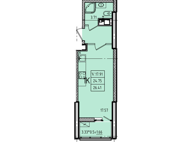 ЖК Еллада: планування 1-кімнатної квартири 28.5 м²