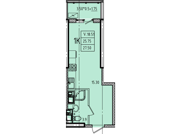 ЖК Эллада: планировка 1-комнатной квартиры 27.5 м²